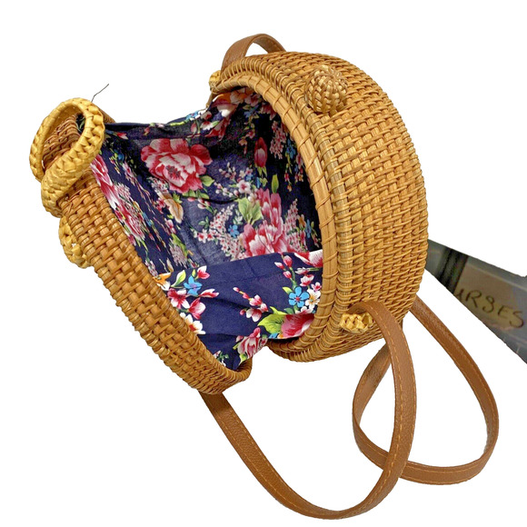 Natural Straw Brown Wicker Shoulder Crossbody Bag Purse Cottagecore Boho Preppy - Picture 6 of 10